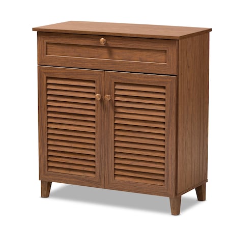 Baxton Studio Coolidge Walnut Finished 4-Shelf Wood Shoe Storage Cabinet with Drawer 156-9388